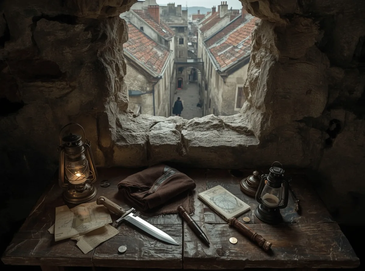 Shadowy dagger beside folded black cloak