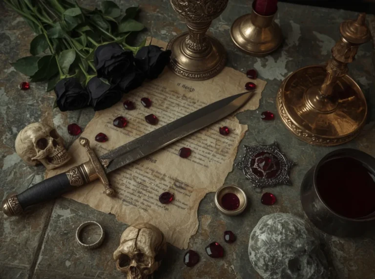 Blood-red candle, ornate dagger, and black roses