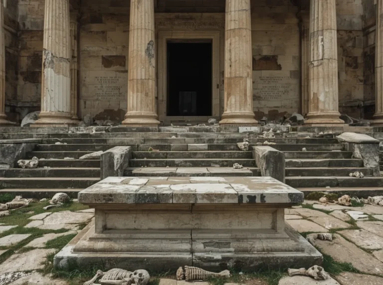 Ancient cursed names beside a ruined temple