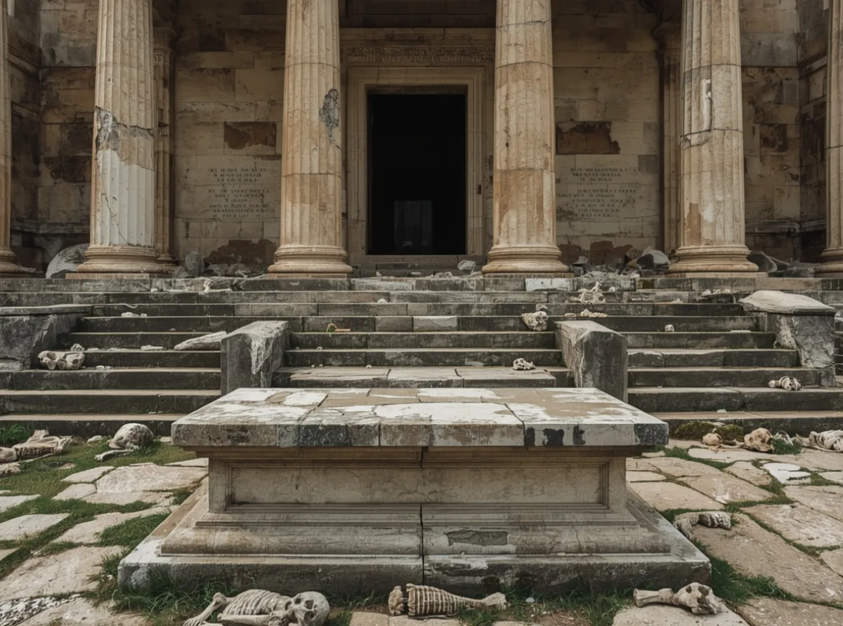 Ancient cursed names beside a ruined temple