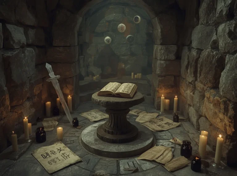 Ancient rune-covered tome and crystal staff