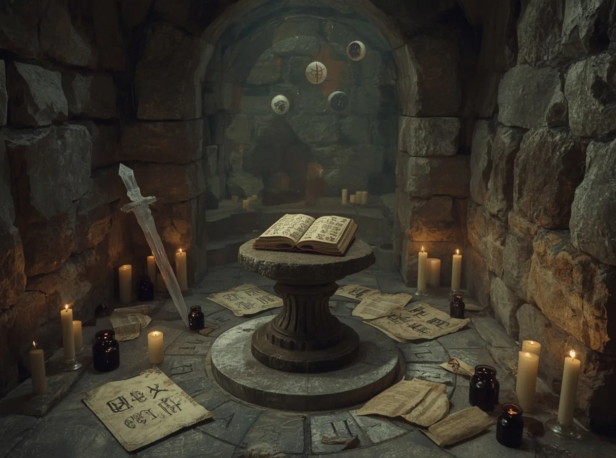 Ancient rune-covered tome and crystal staff