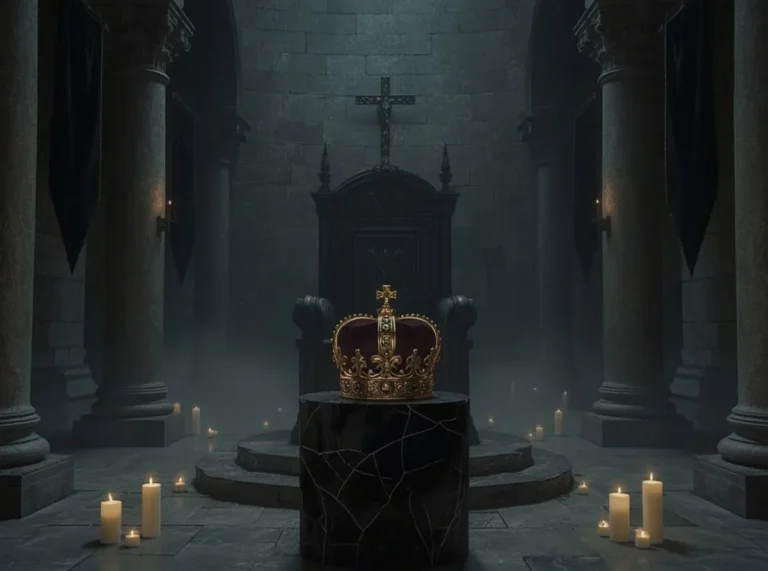 Dark queen crown in shadowed stone hall