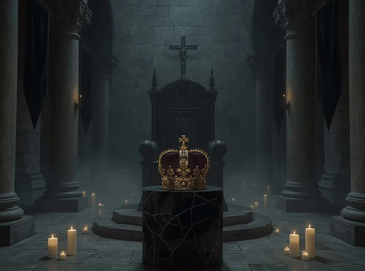 Dark queen crown in shadowed stone hall