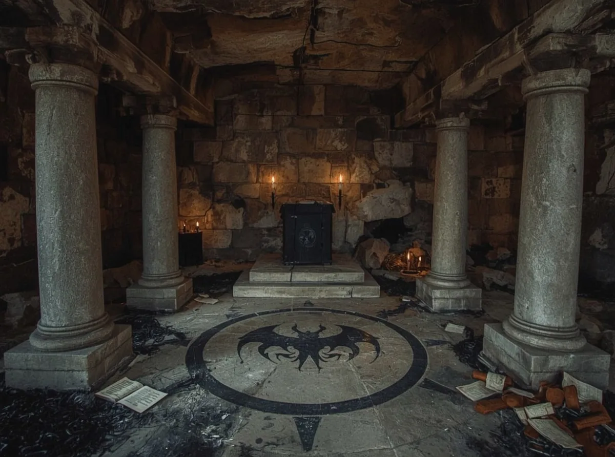 Ancient demon sigils in a ruined stone chamber