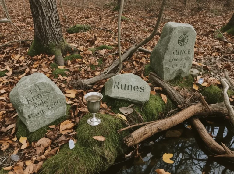 Ancient elven runes beside moonlit forest stones