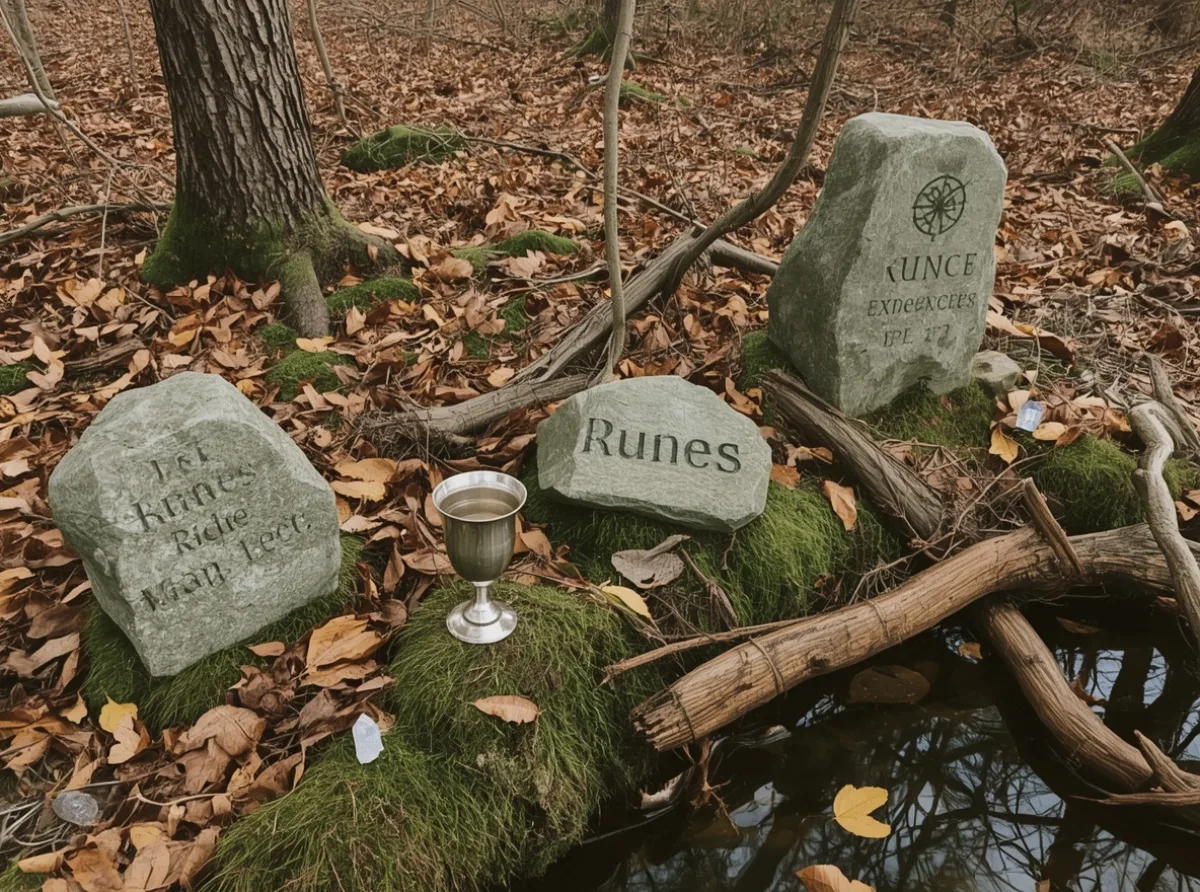 Ancient elven runes beside moonlit forest stones