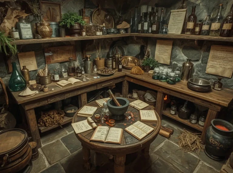 Arcane alchemist lab with herbs and glowing vials