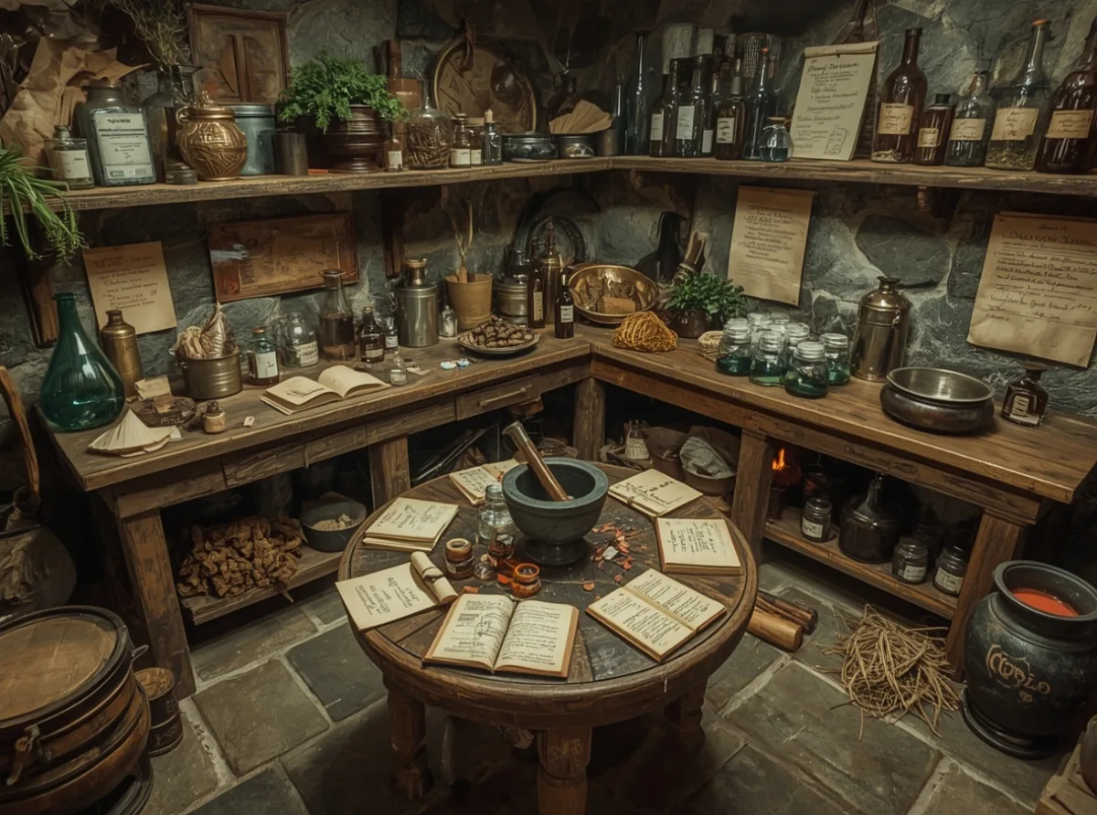 Arcane alchemist lab with herbs and glowing vials
