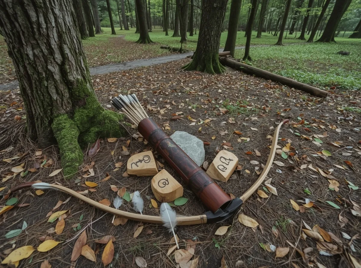 Ancient bow, arrows, and forest runes
