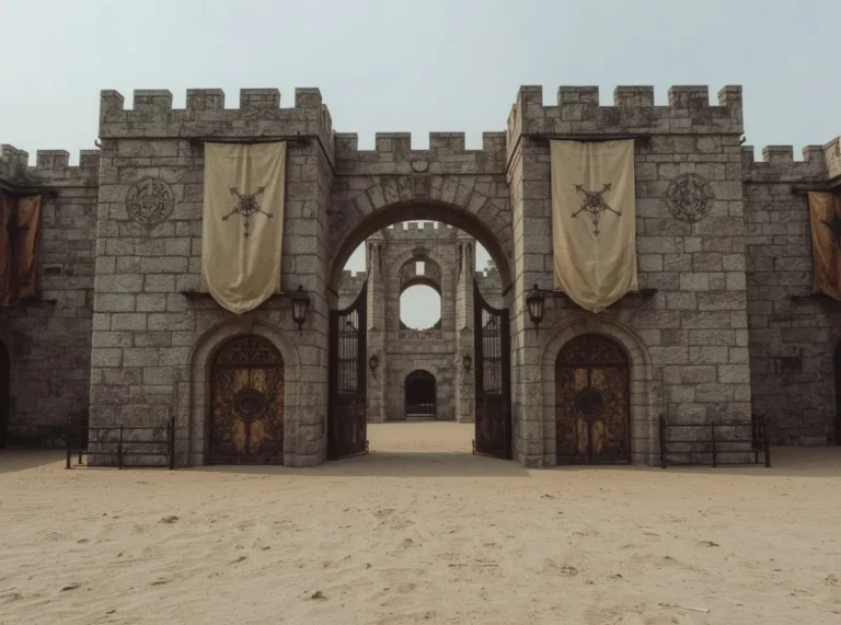 Ancient arena gate with banners and sand