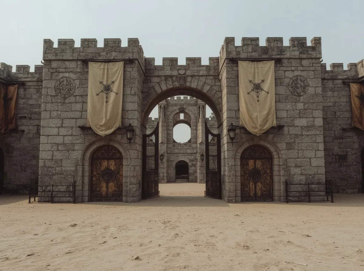 Ancient arena gate with banners and sand