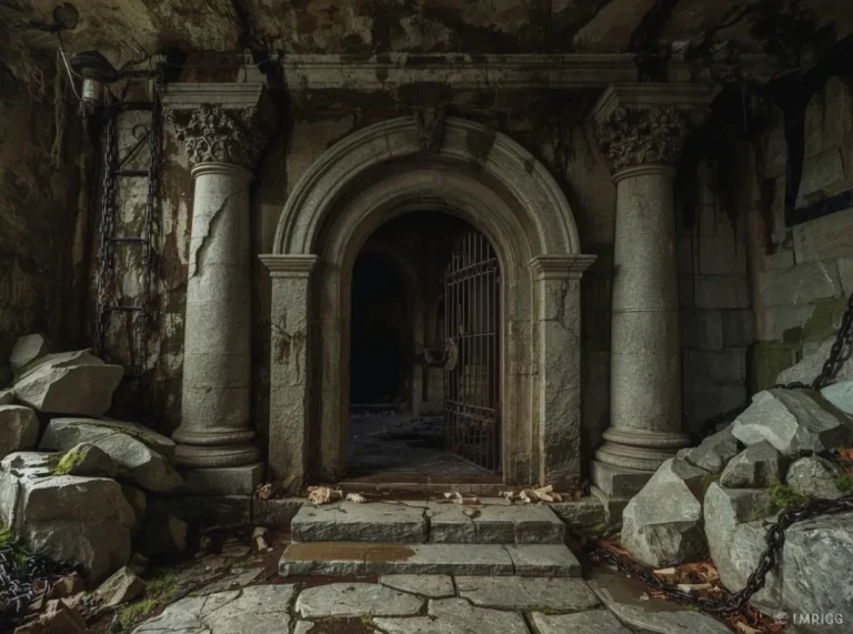 Dark fantasy dungeon entrance with ancient stone arch