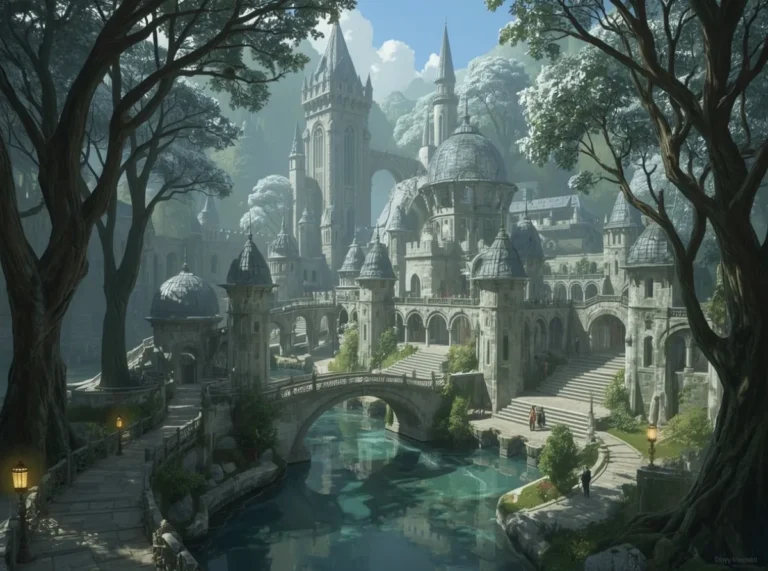 Elegant elven city beside silver trees