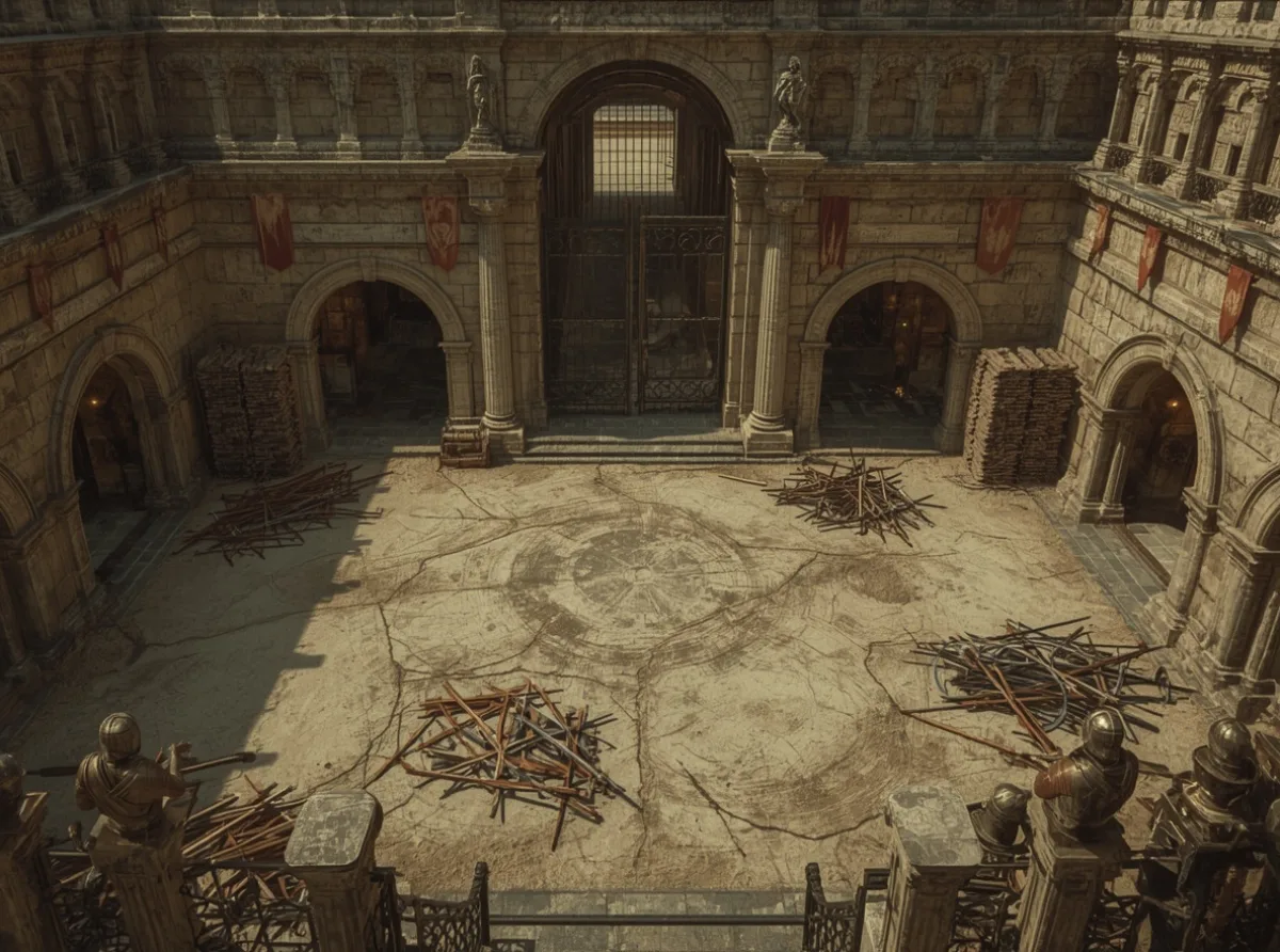 Ancient arena with broken weapons and banners