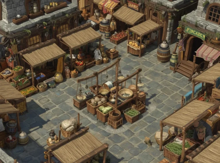 Bustling fantasy market square with stalls and banners