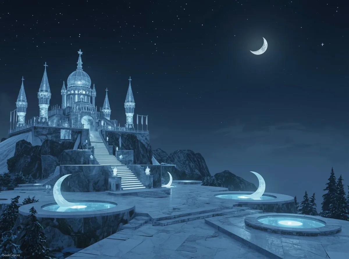 Moonlit crystal palace on a silver horizon