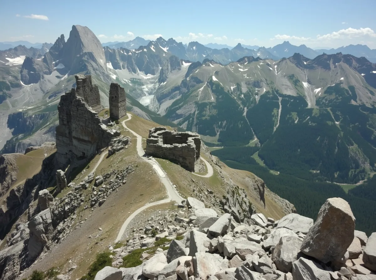 Ancient fantasy mountain range with carved stone peaks