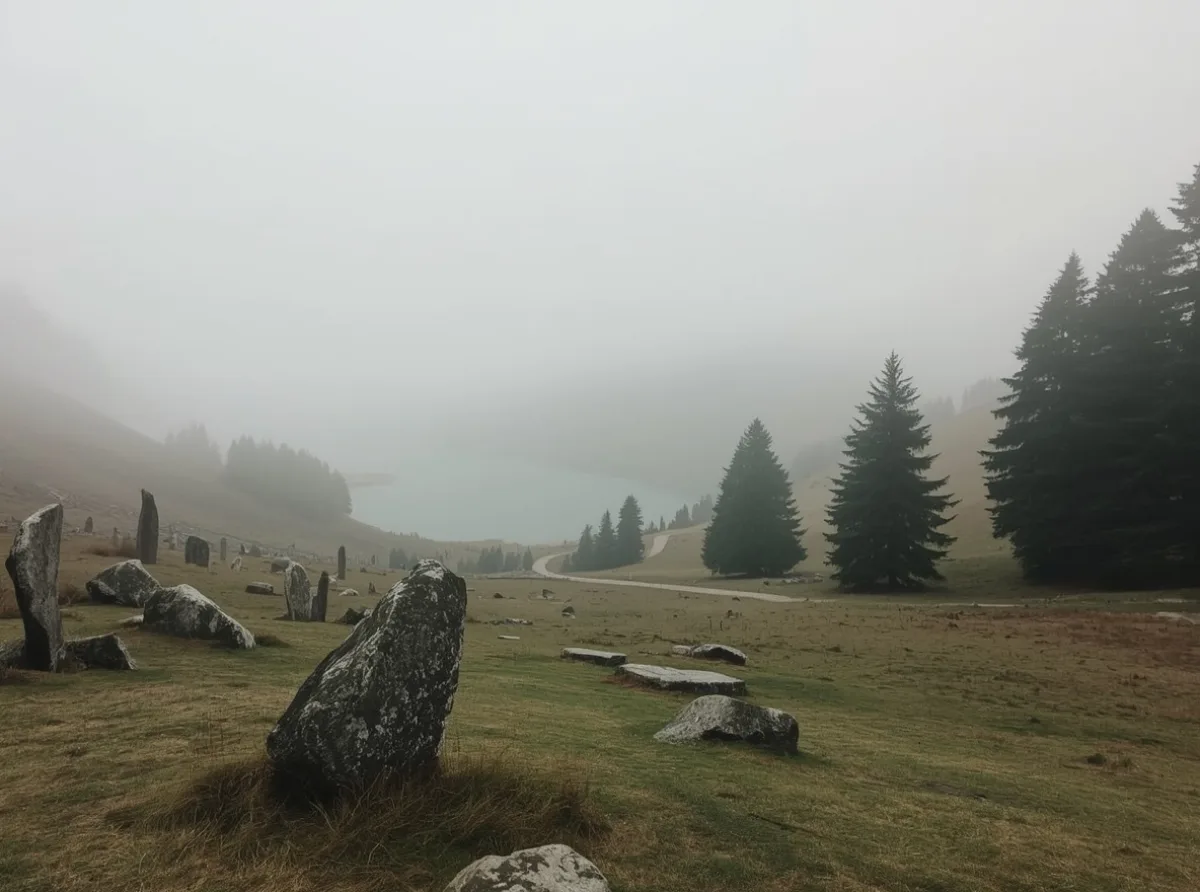 Misty valley with ancient stones