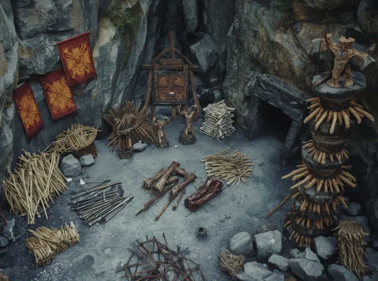 Orc clan banner beside weapons and bones