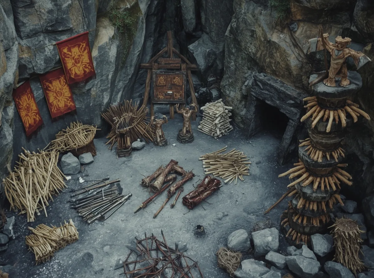 Orc clan banner beside weapons and bones