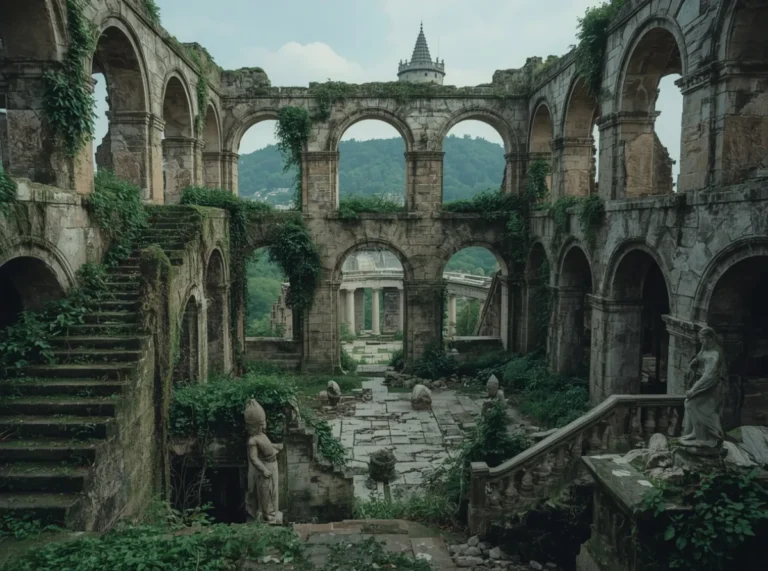 Ancient fantasy ruin under overgrown stone arches