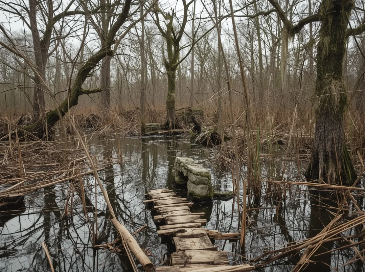 Dark swamp with twisted reeds and ancient ruins