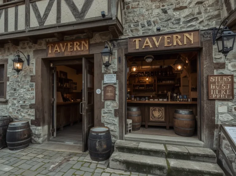 Medieval tavern sign with lantern and wooden mug