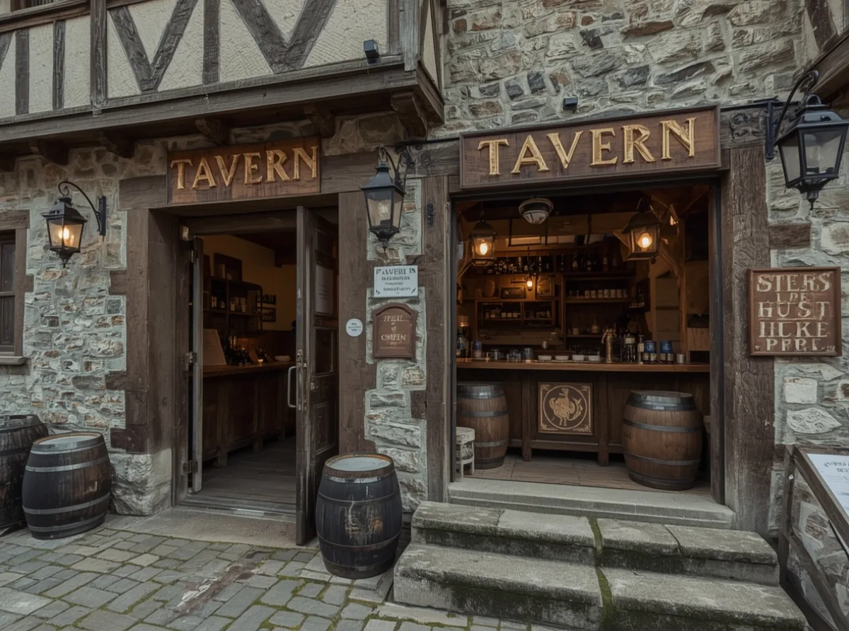 Medieval tavern sign with lantern and wooden mug