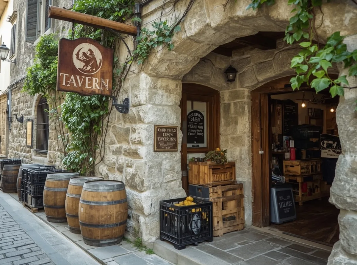 Old fantasy tavern sign beside lanterns and barrels