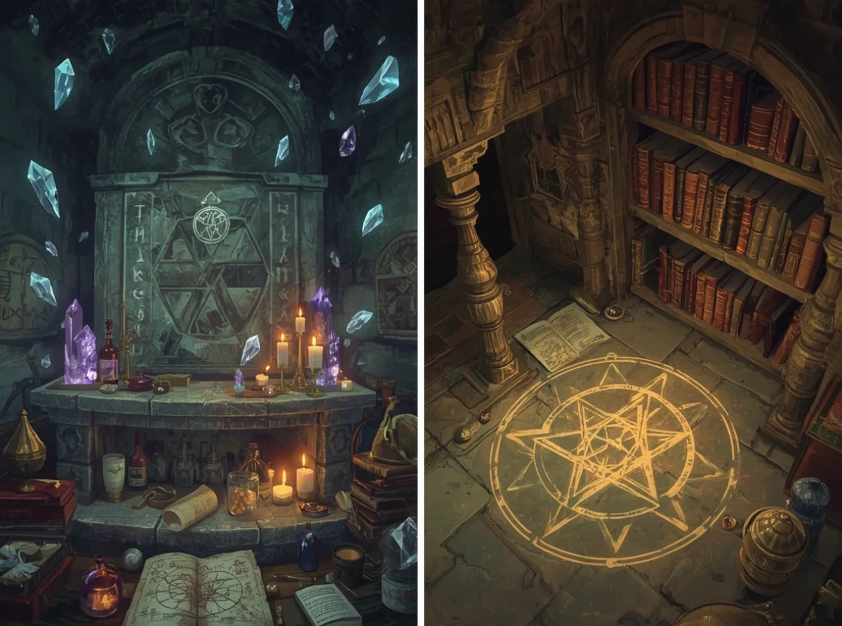Arcane crystals and ancient mage symbols