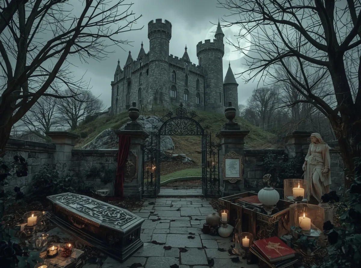 Ancient castle, black roses, and a silver casket
