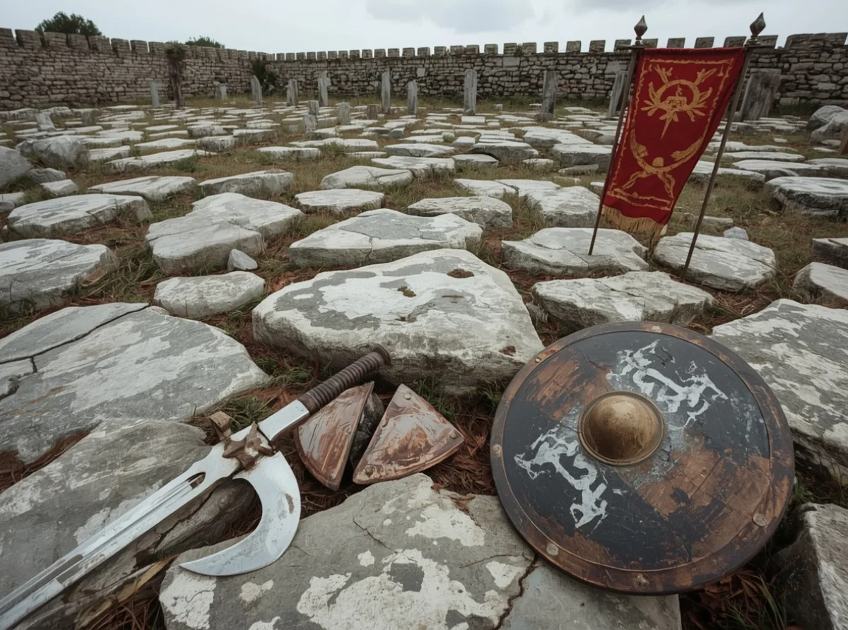 Ancient warrior weapons and banner on stone