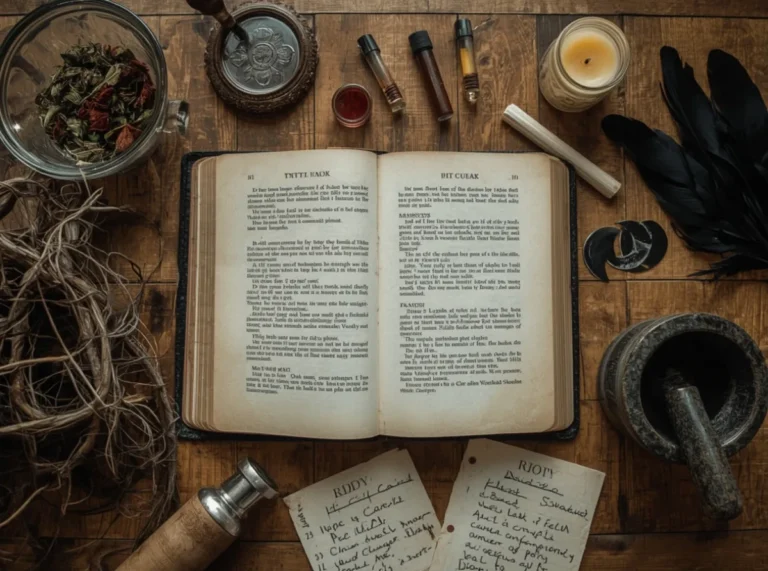 Ancient spellbook and moonlit herbs