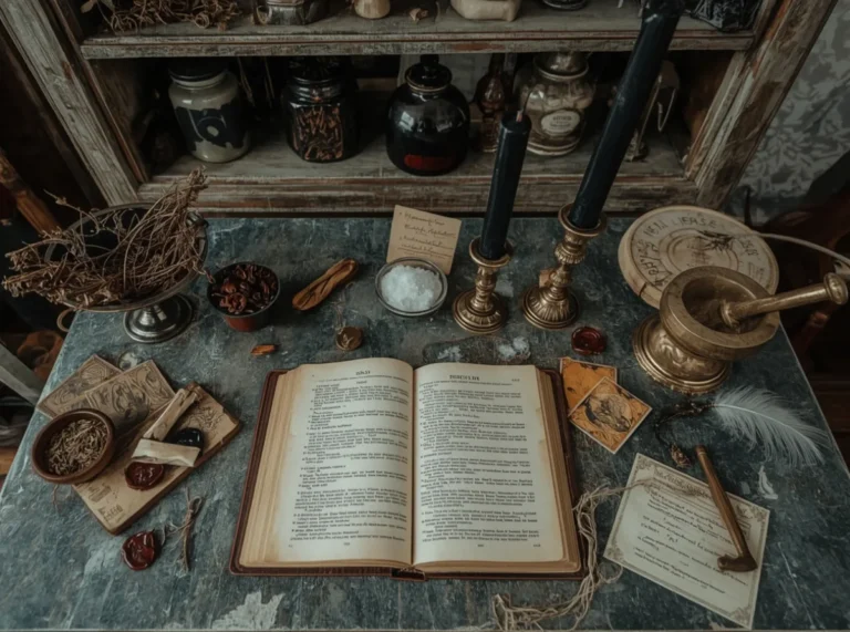 Ancient spellbook beside candles and herbs