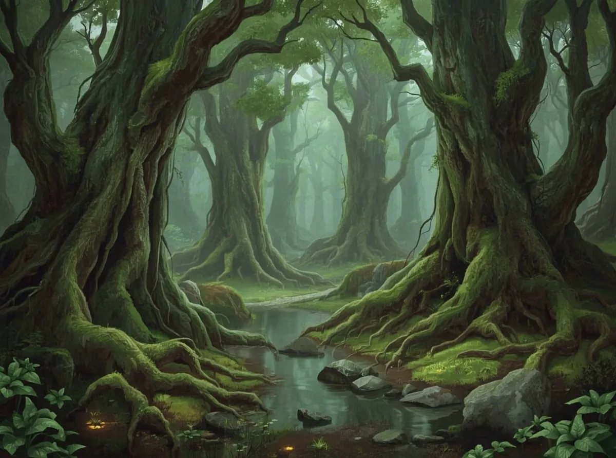 Mystical forest path with ancient trees