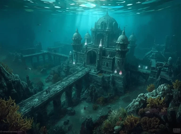 Ancient ocean kingdom ruins beneath waves
