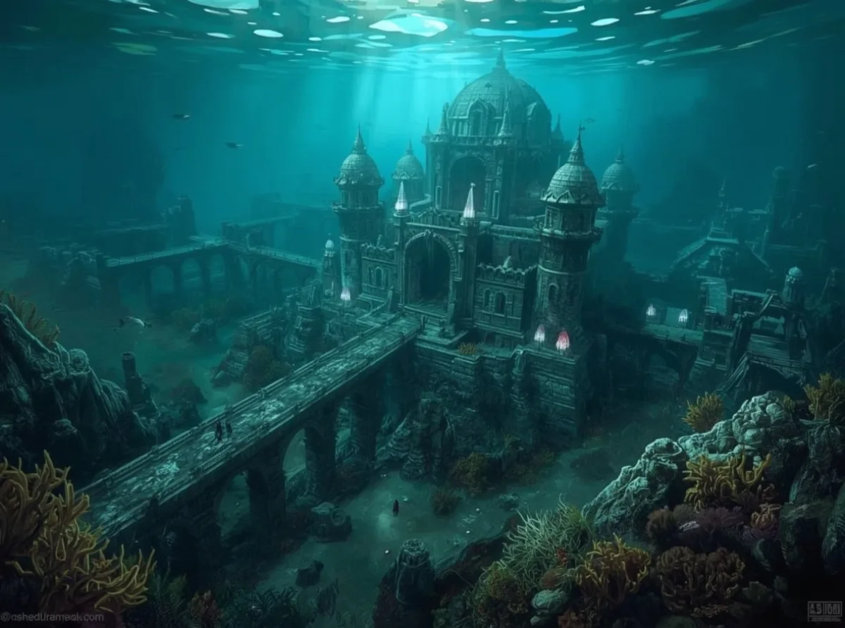 Ancient ocean kingdom ruins beneath waves