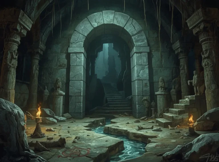 Dark underworld gate with ancient runes