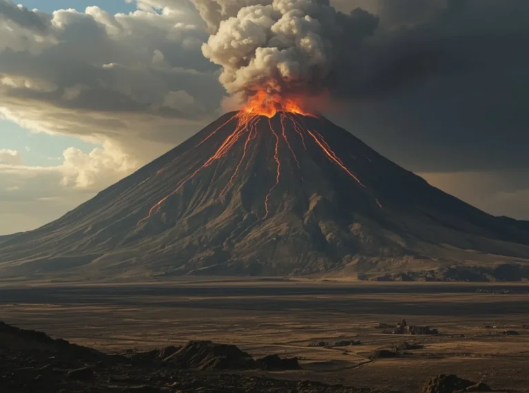 Ancient volcanic peak with black ash and lava