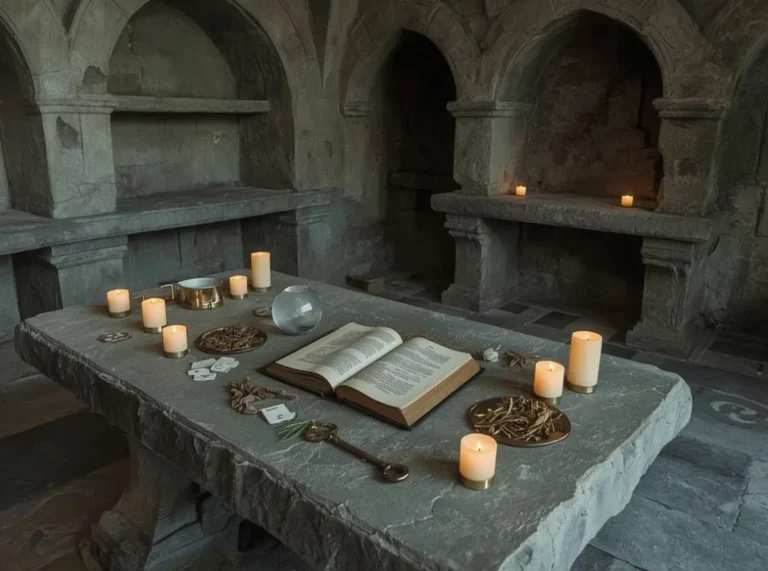 Ancient spellbook beside crystal and candles