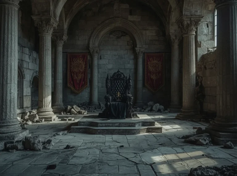 Ancient dark crown on obsidian throne