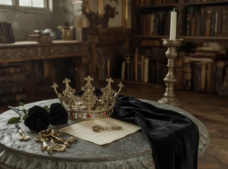Crown beside black roses and old silver keys