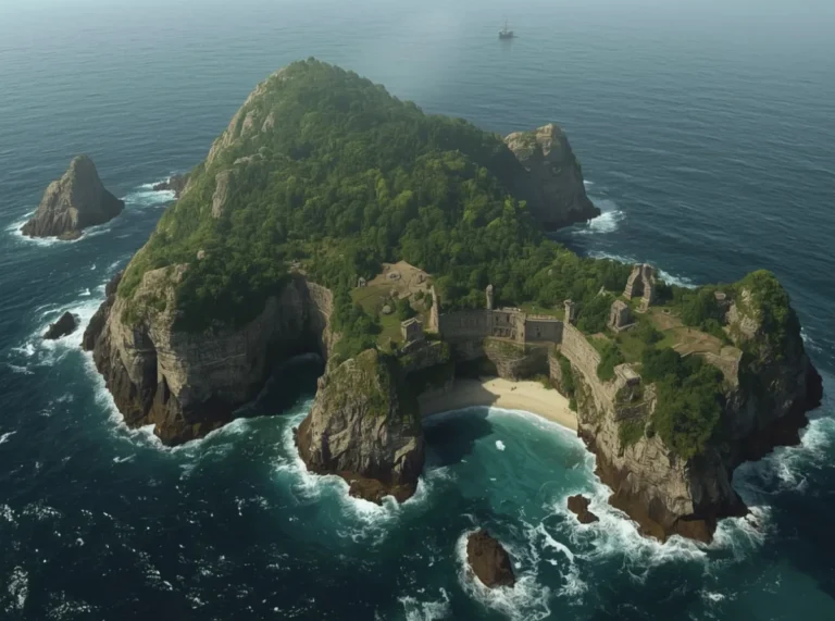 Stormy fantasy island with hidden ruins