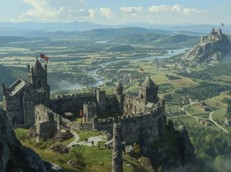Ancient fantasy kingdom on a mountain horizon