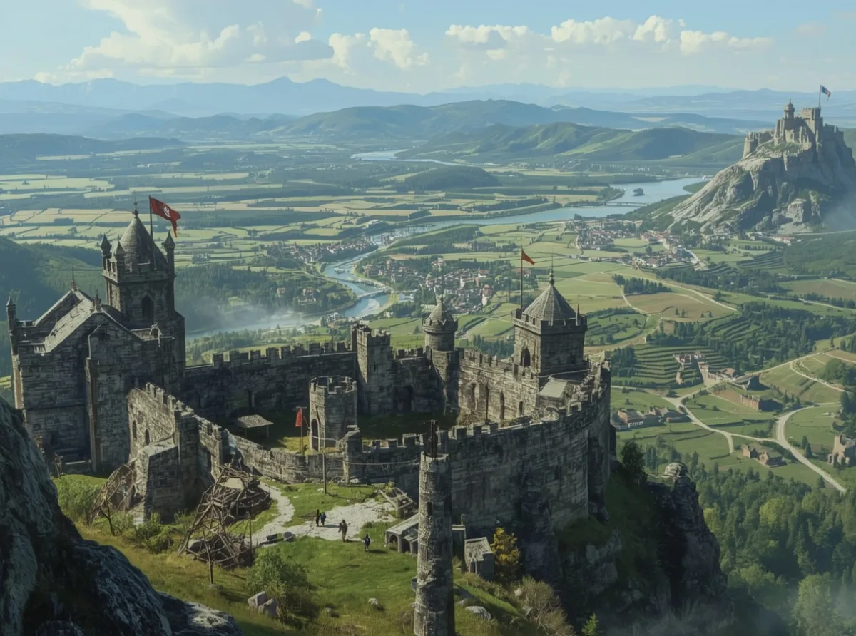 Ancient fantasy kingdom on a mountain horizon
