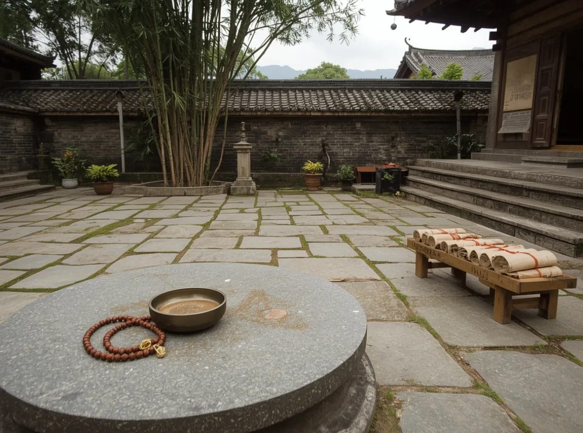 Stone temple with prayer beads and incense bowl