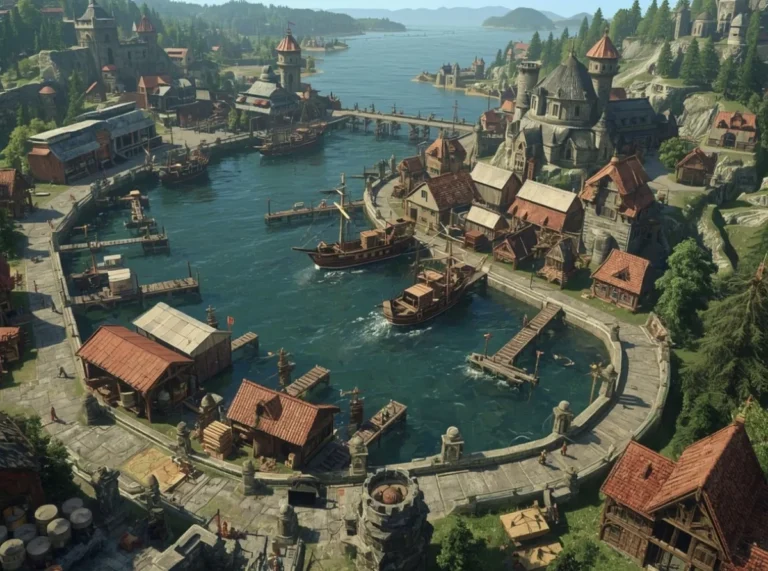 Fantasy harbor city with docks and cargo ships
