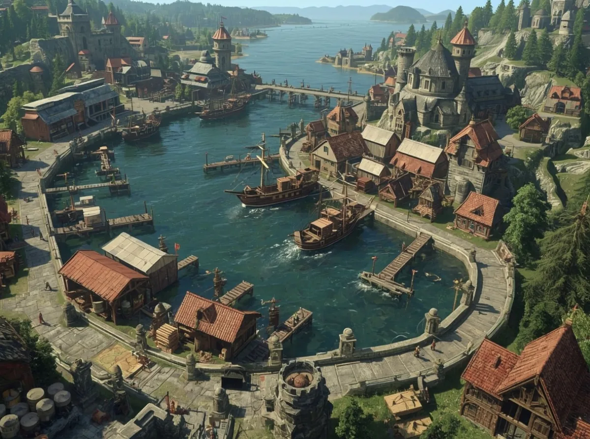 Fantasy harbor city with docks and cargo ships