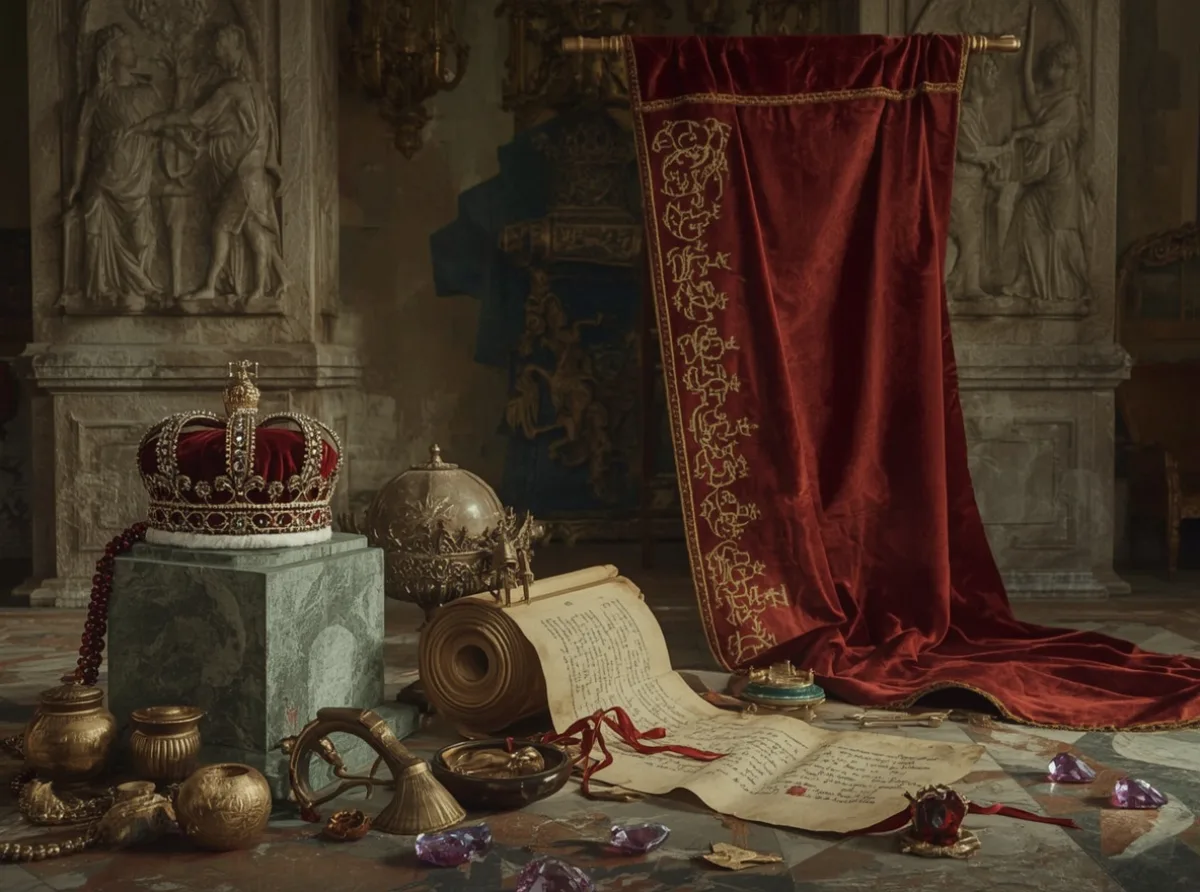 Crown beside ancient runes and a velvet banner